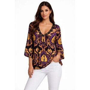 INC Size 2XL - 3/4" Sleeve Tunic Top Beaded Neckline Purple Gold Baroque Print